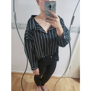Korean style Black stripe blouse collar shirt